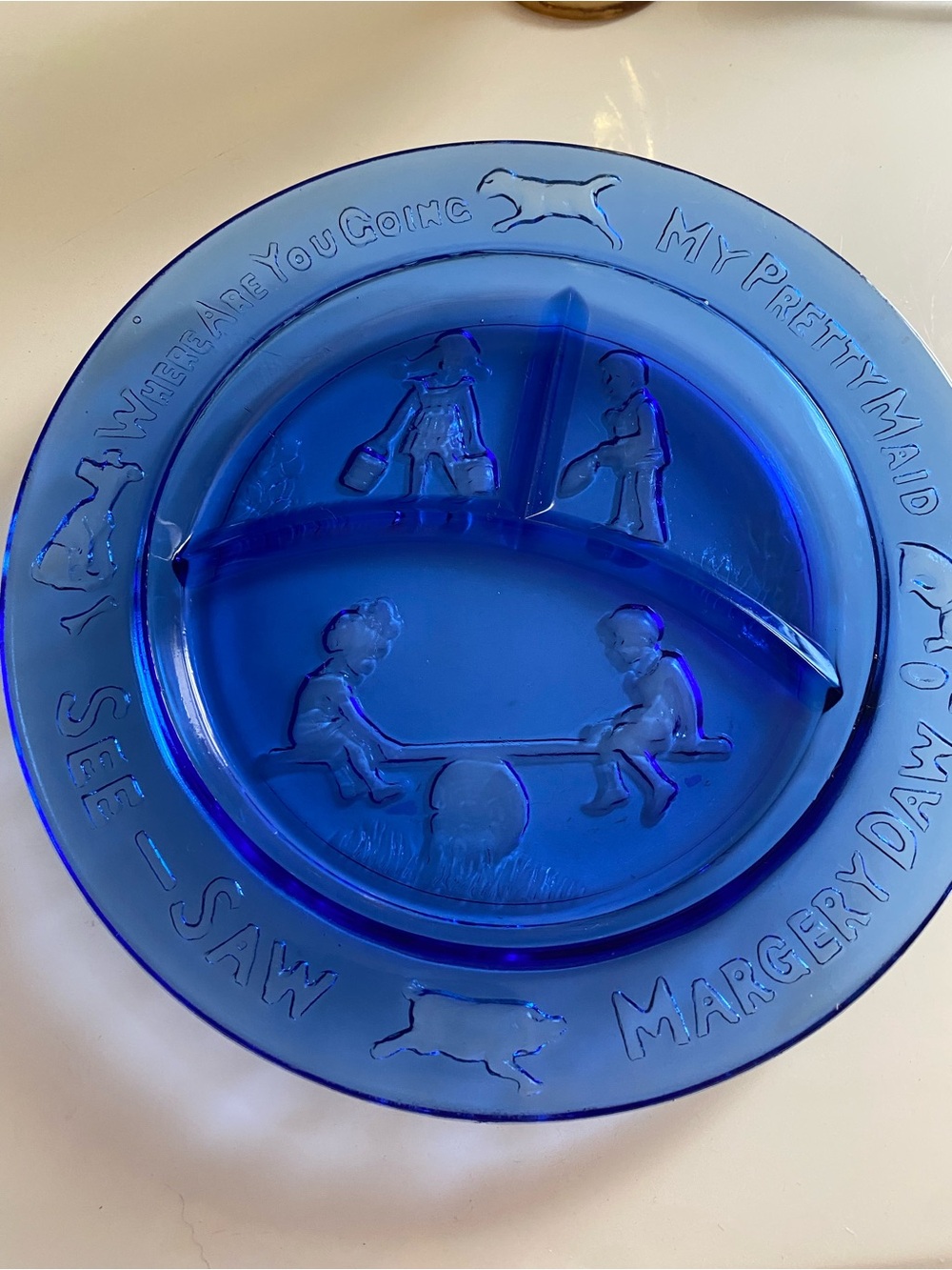 Vintage Tiara Blue Glass Nursery Rhyme Divided Plate See-Saw Margery Daw